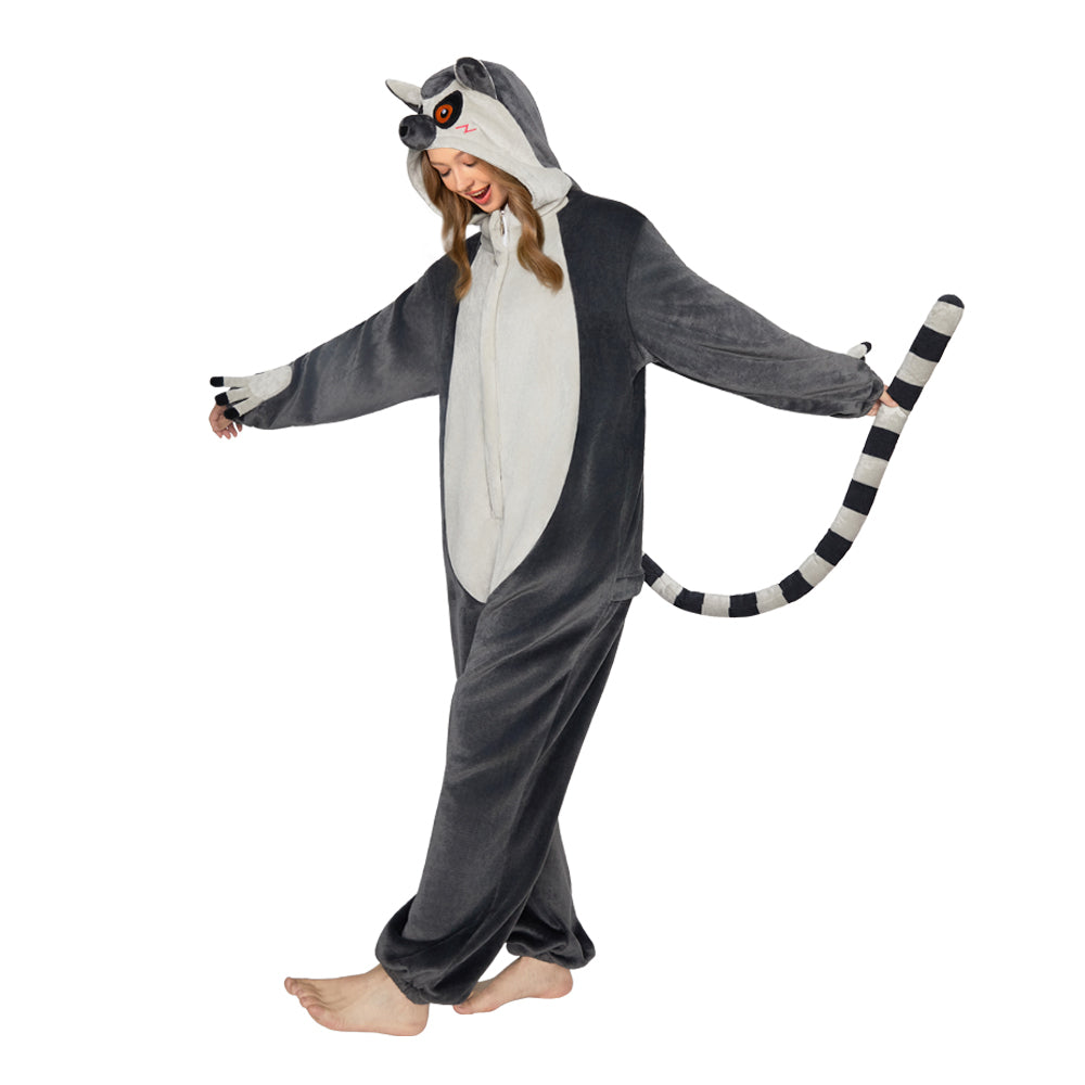 OLAOLA Ring-Tailed Lemur Pajamas Monkey Animals Onesie Plush Warm Home One Piece For Adult Unisex Halloween Costume