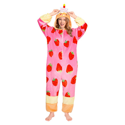 OLAOLA Strawberry Cake Pajamas Food Onesie Plush Warm Home One Piece For Adult Unisex Halloween Costume