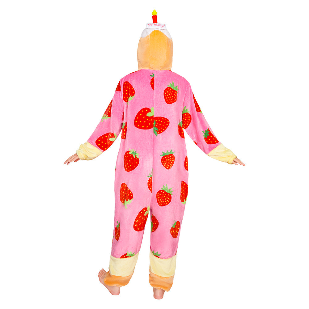 OLAOLA Strawberry Cake Pajamas Food Onesie Plush Warm Home One Piece For Adult Unisex Halloween Costume