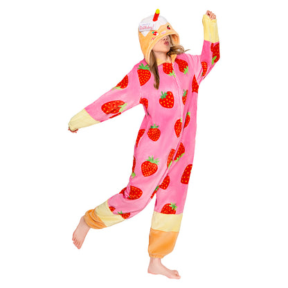 OLAOLA Strawberry Cake Pajamas Food Onesie Plush Warm Home One Piece For Adult Unisex Halloween Costume