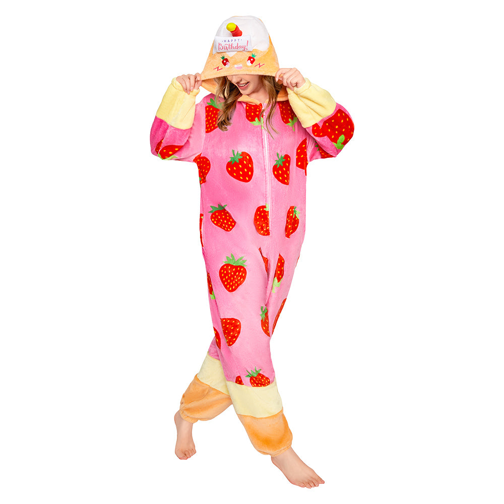 OLAOLA Strawberry Cake Pajamas Food Onesie Plush Warm Home One Piece For Adult Unisex Halloween Costume