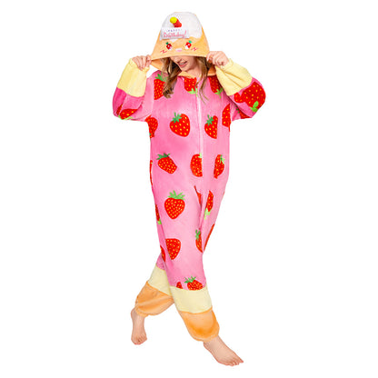 OLAOLA Strawberry Cake Pajamas Food Onesie Plush Warm Home One Piece For Adult Unisex Halloween Costume