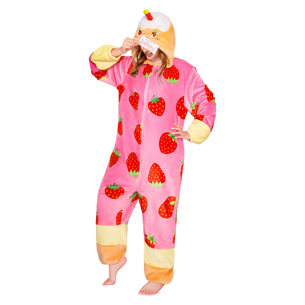 OLAOLA Strawberry Cake Pajamas Food Onesie Plush Warm Home One Piece For Adult Unisex Halloween Costume