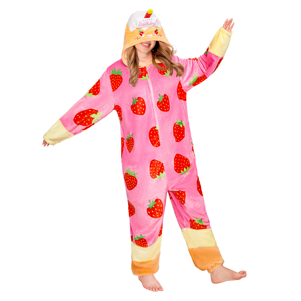OLAOLA Strawberry Cake Pajamas Food Onesie Plush Warm Home One Piece For Adult Unisex Halloween Costume