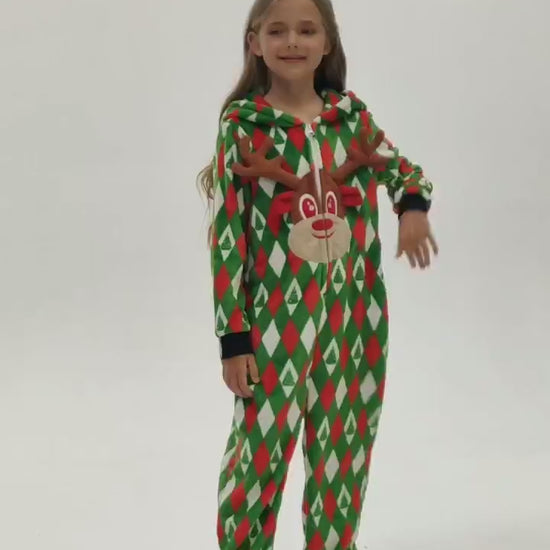 OLAOLA Kids Printed Diamond Elk Flannel Pajamas Plush Animals Onesie Soft Sleepwear Christmas Carnival Suit