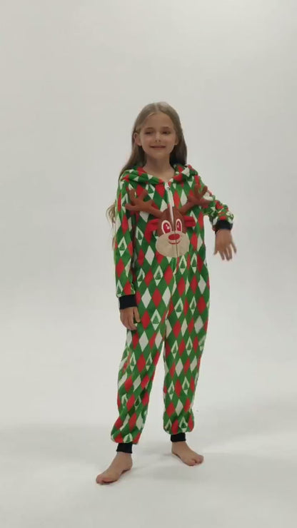OLAOLA Kids Printed Diamond Elk Flannel Pajamas Plush Animals Onesie Soft Sleepwear Christmas Carnival Suit