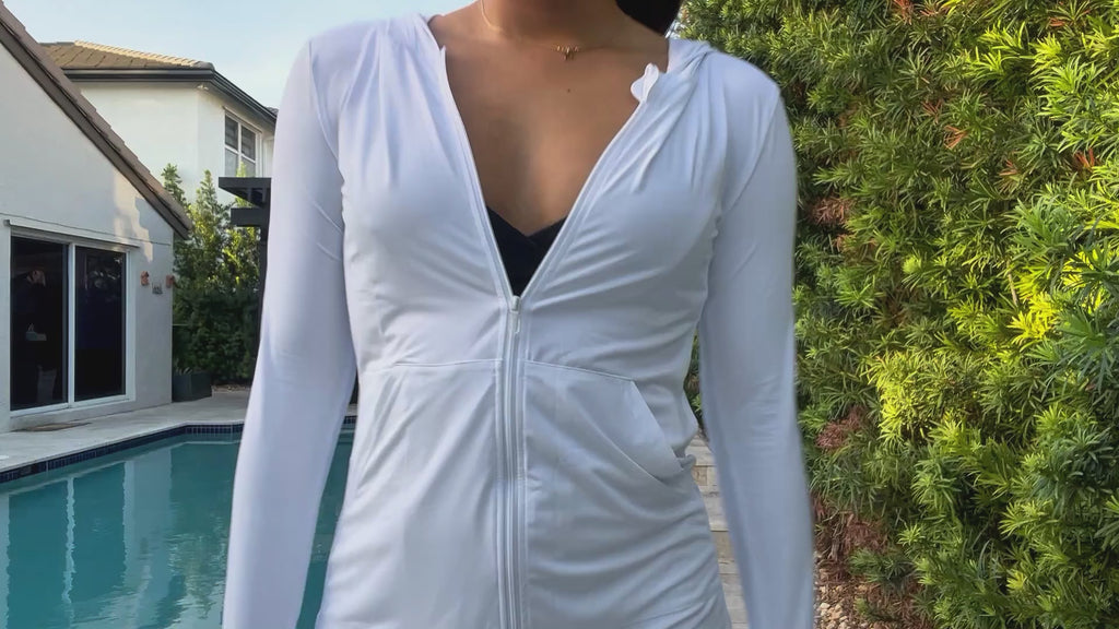 OLAOLA Women's UPF 50+ White Rabbit Swim Beach Cover Up Sun Protection Hoodie Long Jacket Sunscreen Shirt Hiking Outdoor