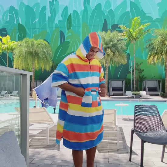 OLAOLA Stripes Printed Surf Poncho Changing Towel Swim Robe Quick Dry Terry Cloth Cover-Up Hood Beach Towels