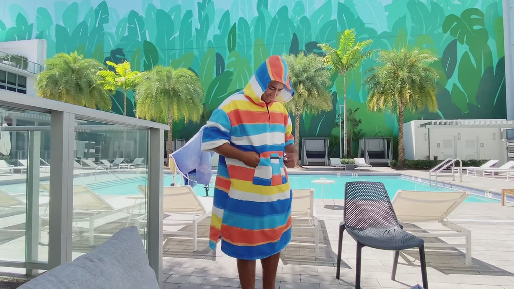 OLAOLA Stripes Printed Surf Poncho Changing Towel Swim Robe Quick Dry Terry Cloth Cover-Up Hood Beach Towels