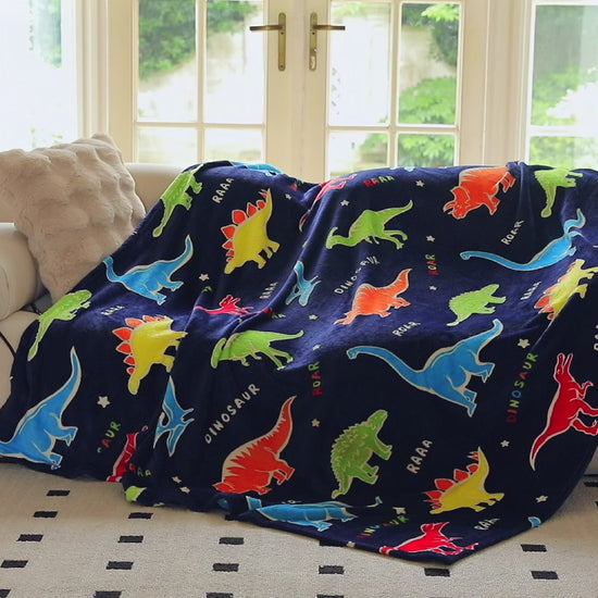 OLAOLA Dinosaur Glow In The Dark Blanket Dino Throw For Kids Birthday Easter Decor For Age 1-14 Years Old Luminous Throw