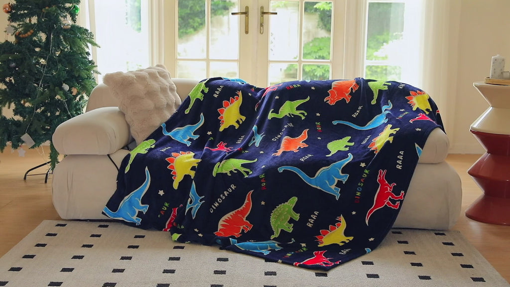 OLAOLA Dinosaur Glow In The Dark Blanket Dino Throw For Kids Birthday Easter Decor For Age 1-14 Years Old Luminous Throw