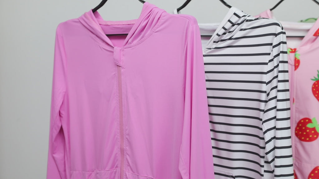 OLAOLA Women UPF 50+ Gray Striped Printed Sun Protection Hoodie Long Sleeve Hiking Outdoor Beach Swim Cover Up