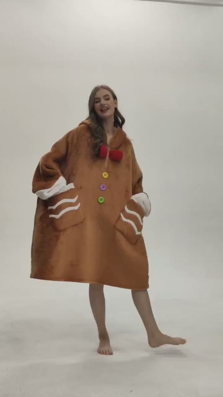 OLAOLA Gingerbread Man Wearable Blanket Hoodie Animals Onesie Christmas Soft Homwear With Pocket For Adult