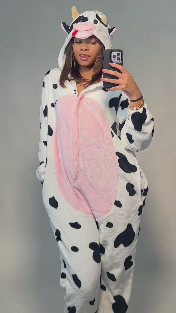 OLAOLA Unisex Adult Plush Pink Cow Animals Onesie Pajamas Warm Home One-Piece Sleepwear